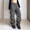 YK Harajuku Vintage Straight Pocket Pleated High Street Hip Hop Casual Parachute Pants Loose Tooling Wide Leg Trousers