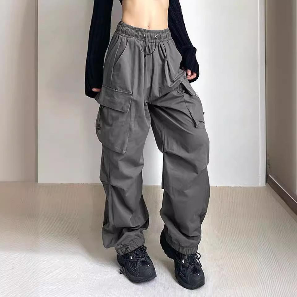 YK Harajuku Vintage Straight Pocket Pleated High Street Hip Hop Casual Parachute Pants Loose Tooling Wide Leg Trousers
