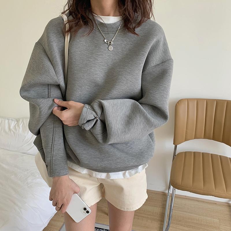 Solid Color Sweater Women's Space Cotton Loose Round Neck Long Sleeve Pullover Top