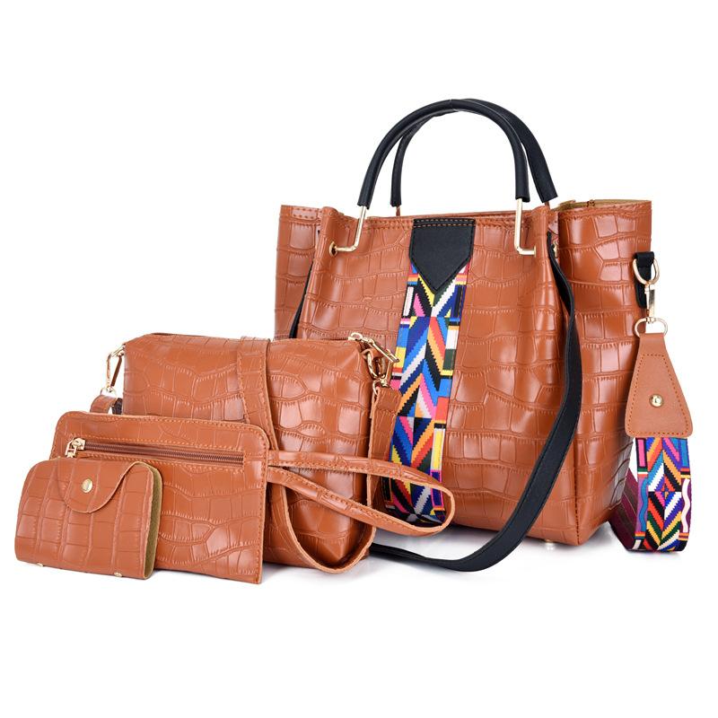 New Fashion Four-piece Mother and Child Bag Patent Leather Stone Pattern Splicing Contrasting Color One Shoulder Crossbody Handbag Colored Women's Bag