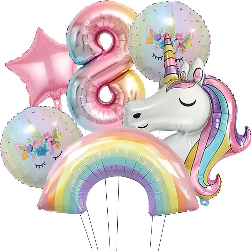 6pcs ainbow Unicorn Aluminum Balloon 32inch Gradient Number Balloon Unicorn Party Supplies Unicorn Party Decoration Baby Shower