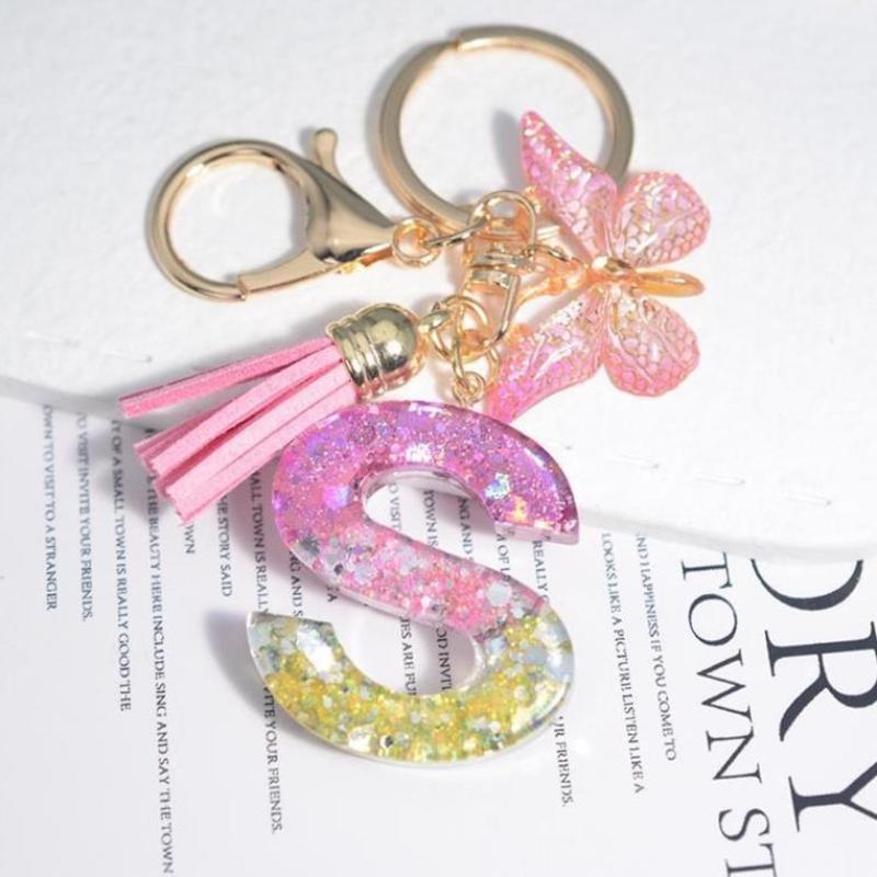 Fashion 26 English A-Z Initial Letter Resin Keychain Cute Butterfly Tassel Keyring Backpack Charm Pendent Accessories Gift