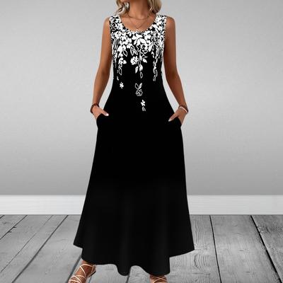 New Summer Round Neck Sleeveless Slim Elegant Printed Pocket Dress for Women