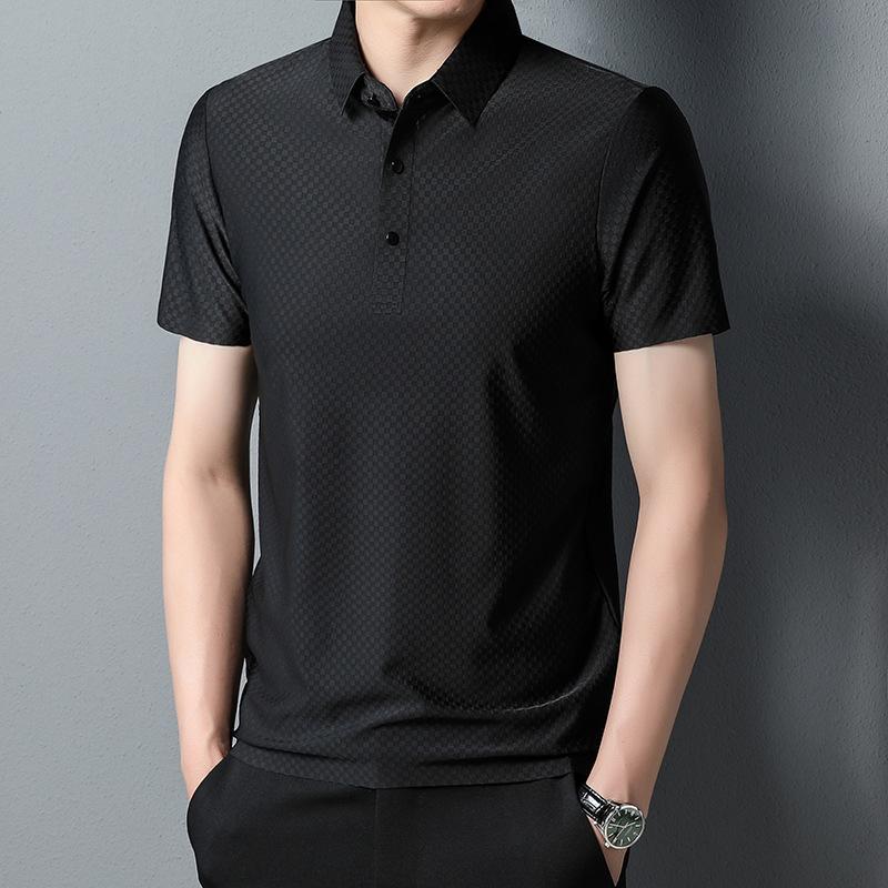 Trendy Seamless Short-sleeved Men's Solid Color Fashion Casual Lapel Middle-aged Men Korean Style Short-sleeved