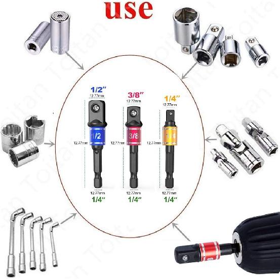 Impact Grade Power Hand Tools Driver Sockets Adapter Extension Set, 3Pcs 1/4 3/8 1/2" Hex Shank Drill Nut Driver Bit Set + 105 Degree Right Angle