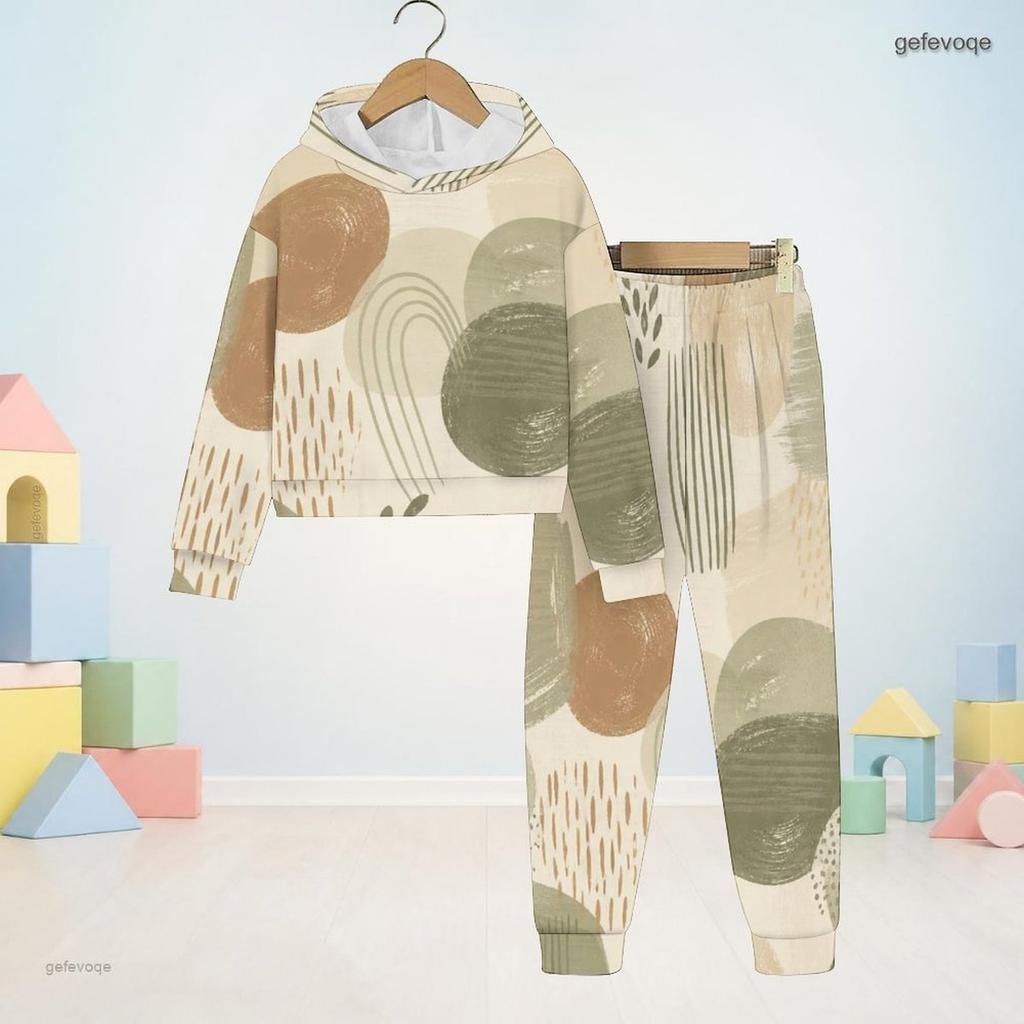 Kids Boys Girls Printed Hooded Long Sleeve Sweatshirt Cuffed Pants Two Piece Set