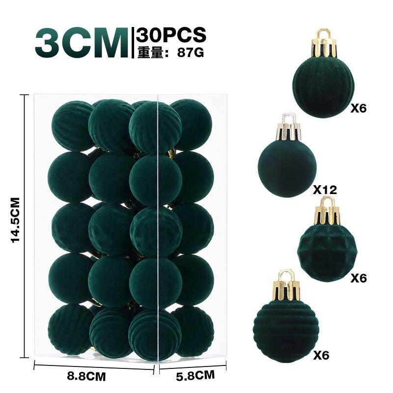 3cm Flocked Christmas Balls 30pcs Set Xmas Tree Hanging Ornaments Luxury Decorations