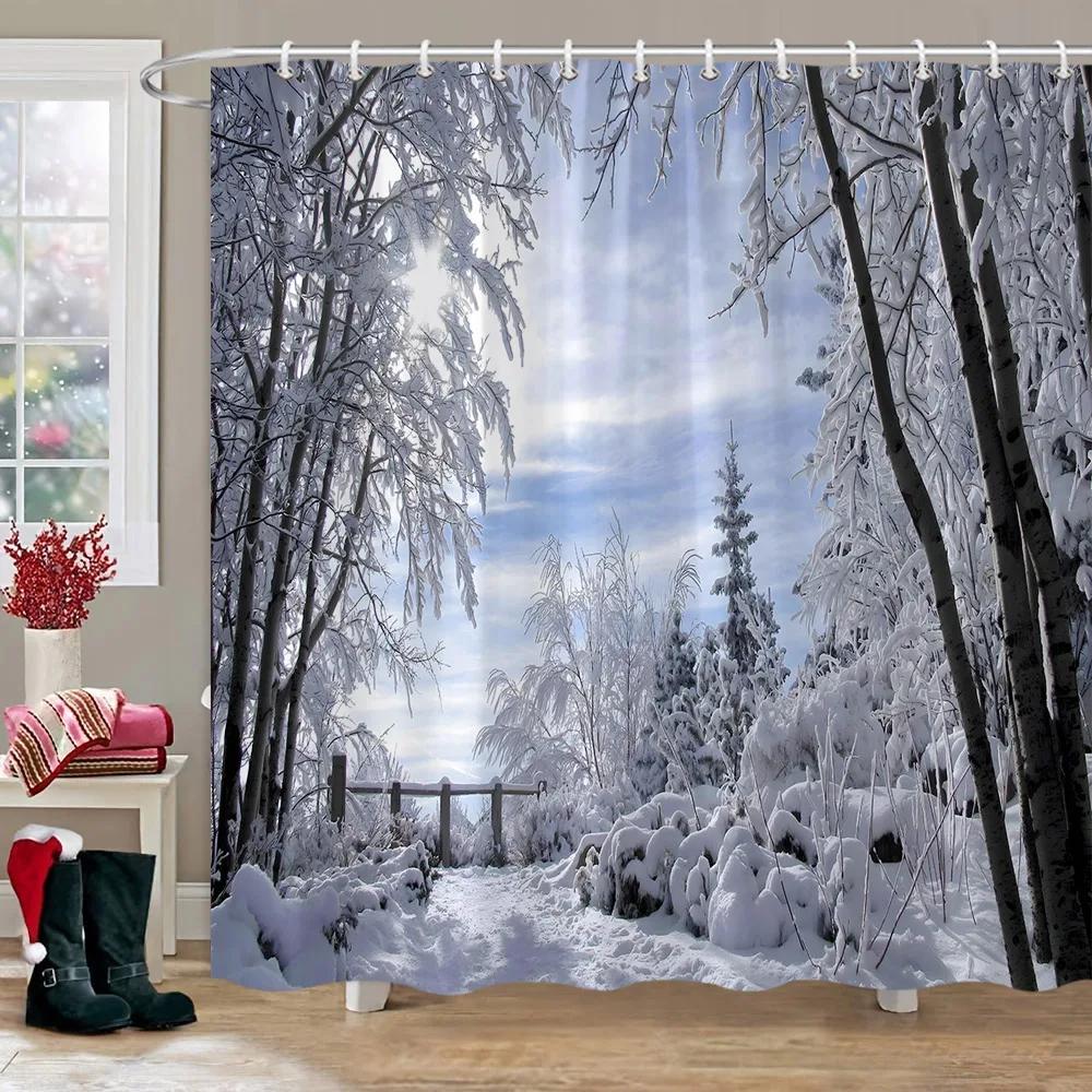 Winter Outdoor Forest Snow Shower Curtain Simulation Window Landscape Polyester Fabric Water Shower Curtains Bathroom Decoration