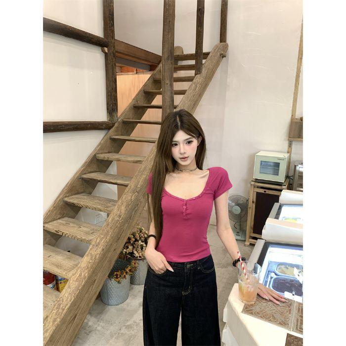 American Front Shoulder Short-sleeved T-shirt Women's Summer Korean Slim-fitting and Thin Inner Bottoming Shirt Spice Girl Short Casual Top