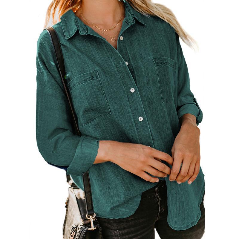Spring Autumn Women's Denim Blouse Solid Lapel Long Sleeve Shirts Fashion Casual Office Lady Tops