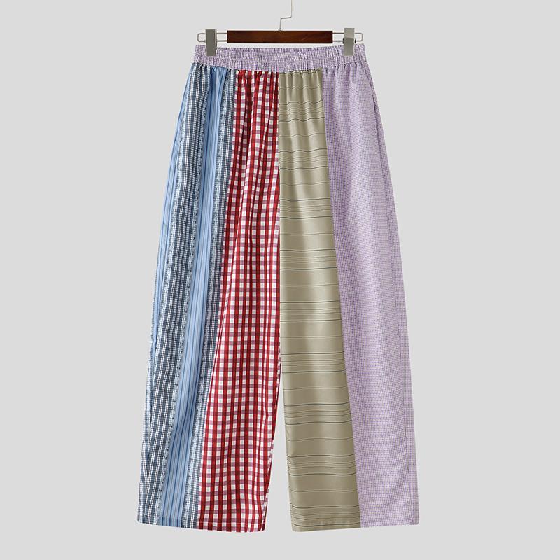 INCERUN Men's Patchwork Wide Leg Trousers Casual Loose Striped Plaid Pants Harajuku Streetwear Elastic Waist Bottoms