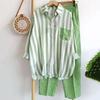 2Pcs/Set Shirt Pants Set Long Sleeve Casual Trendy Elastic Waist Breathable Daily Garment Polyester Stripes Blouse Pants Suit Spring Clothes