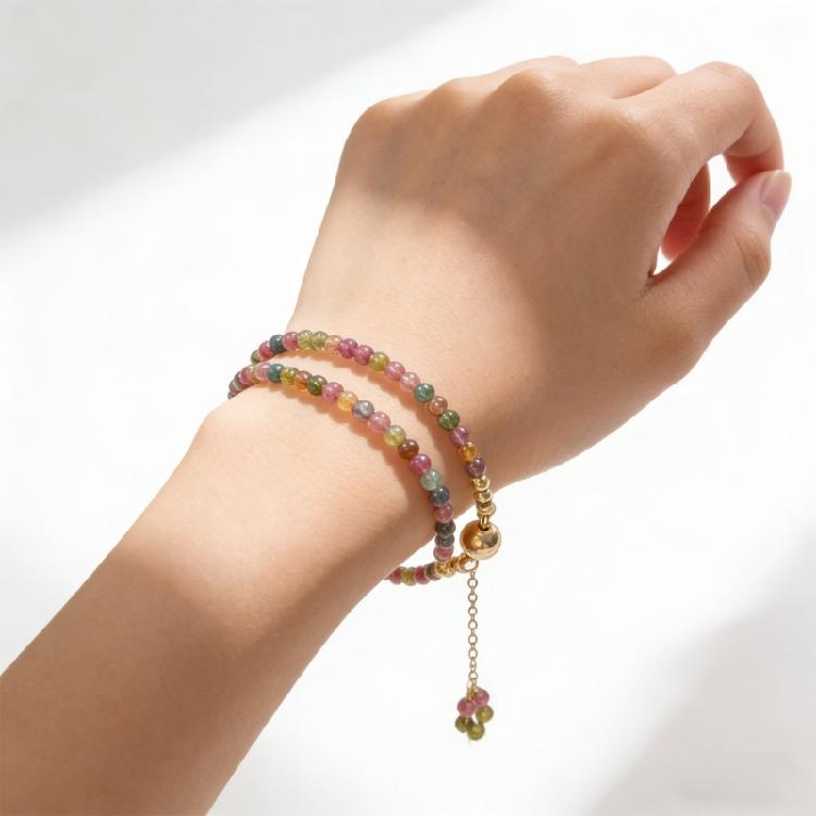 Elegant and Stylish Natural Tourmaline Bracelet Copper Double Strand Beaded Wrist Chain Jewelry Piece for Women