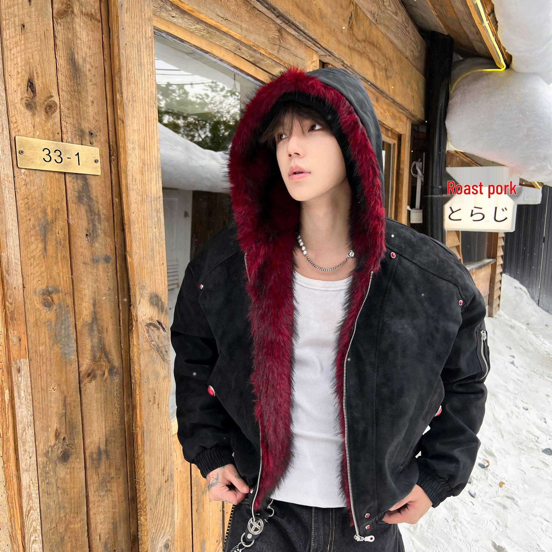 

Heavyweight Men s Red Fur Collar Retro Cotton PU Leather Jacket with Velvet Lining L [110-130 lbs recommendation]