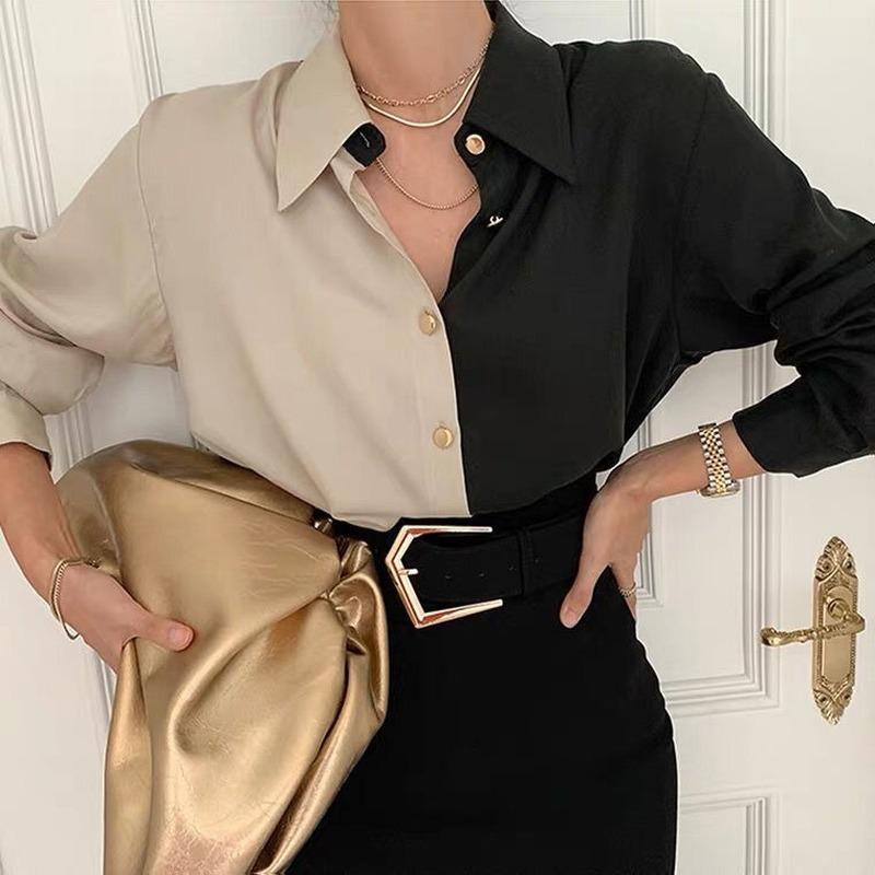 Elegantní halenka šifonová košile na knoflíky dámská černá kontrastní dlouhý rukáv vintage top luxusní kardigan 90. léta dámské oblečení