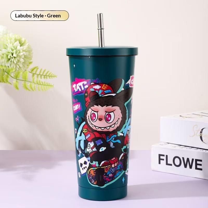 

Мультяшный термос 304 вкладыш соломинка кофейная кружка высокая ценность большая емкость случайная кружка 750ml зелёный