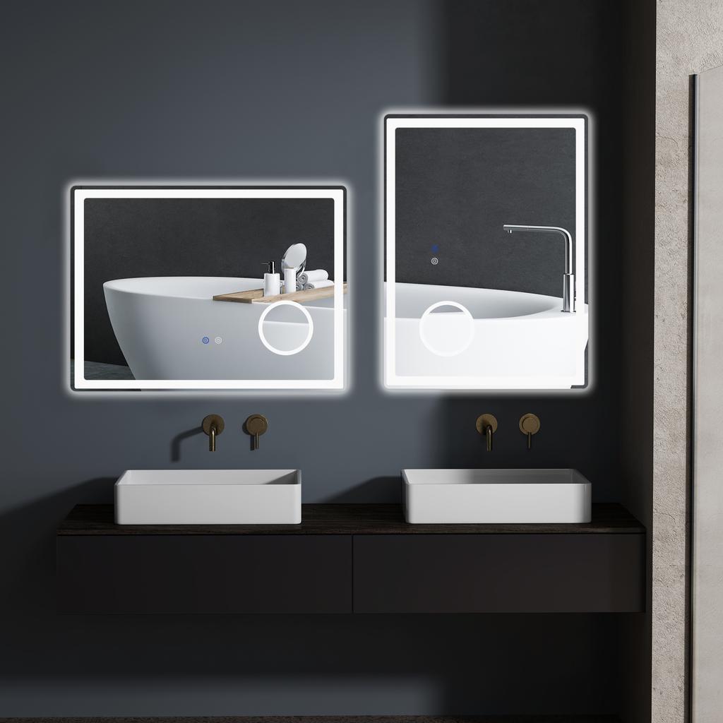 LED Badezimmerspiegel mit Lichtern, 3-fach Vergrößerungsspiegel, Dimmbarer beleuchteter Badezimmerspiegel, Schminkspiegel mit 3 Farben vorne und Hintergrundbeleuchtung, Intelligente Touch-Bedienung