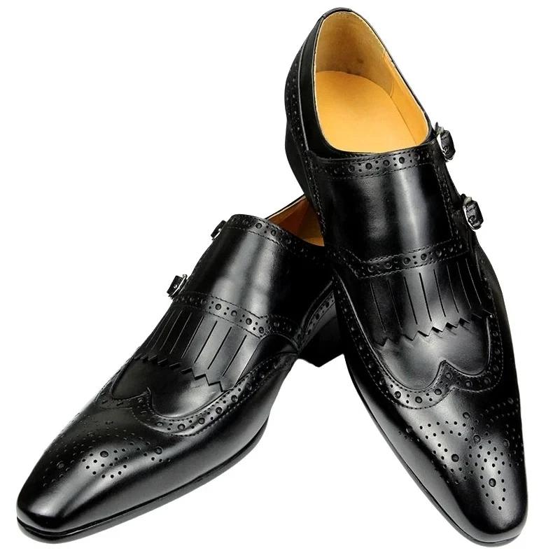 Fashion Men's Luxury Leather Shoes Top Layer Cowhide Pointed Toe British Business Formal Wedding Office Shoes