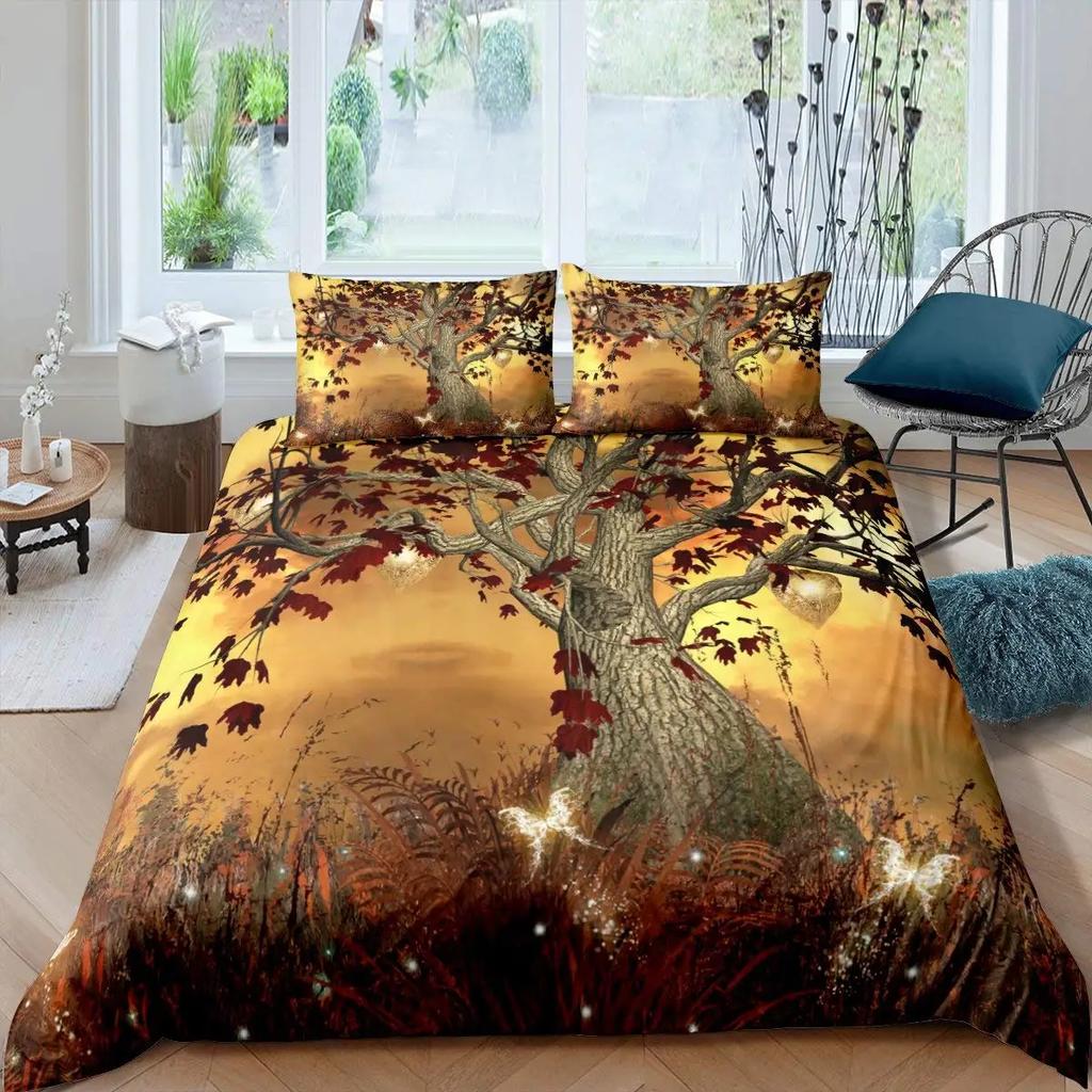 Flying Butterflies Duvet Cover Set Iridescent Butterfly Tree of Life Bedding Sets,Autumn Maple Leaf Comforter Cover Quilt Cover