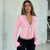 Womens Fall Long Sleeve Top Sexy Lace Trim Slim Fit Solid Color V Neck Casual Daily Wear