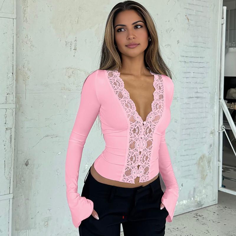 Womens Fall Long Sleeve Top Sexy Lace Trim Slim Fit Solid Color V Neck Casual Daily Wear