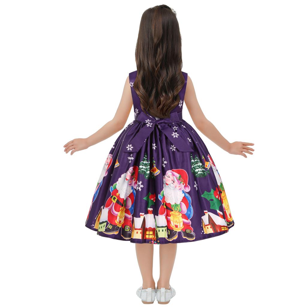 Children's Christmas Dress Cartoon Print Bow Dress Christmas Performance Sparkling Kids Birthday Dress Elegant Soft Party Dress Ball Gown for Girls