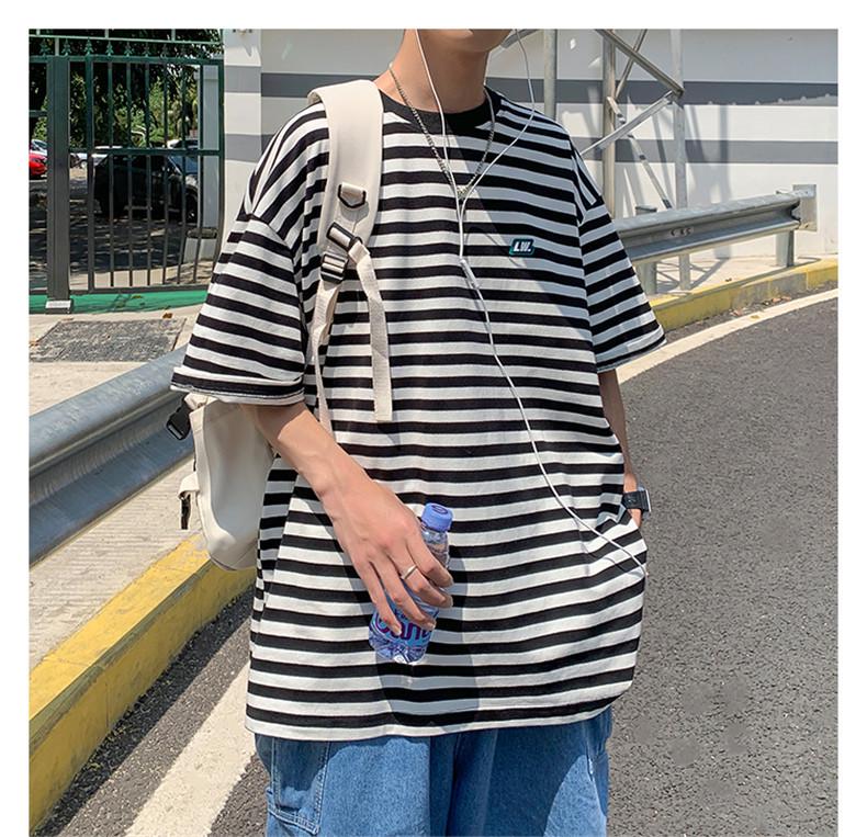 Men's Striped High Street Loose Fit T-Shirt - Trendy Summer Hong Kong Style for Couples and Students