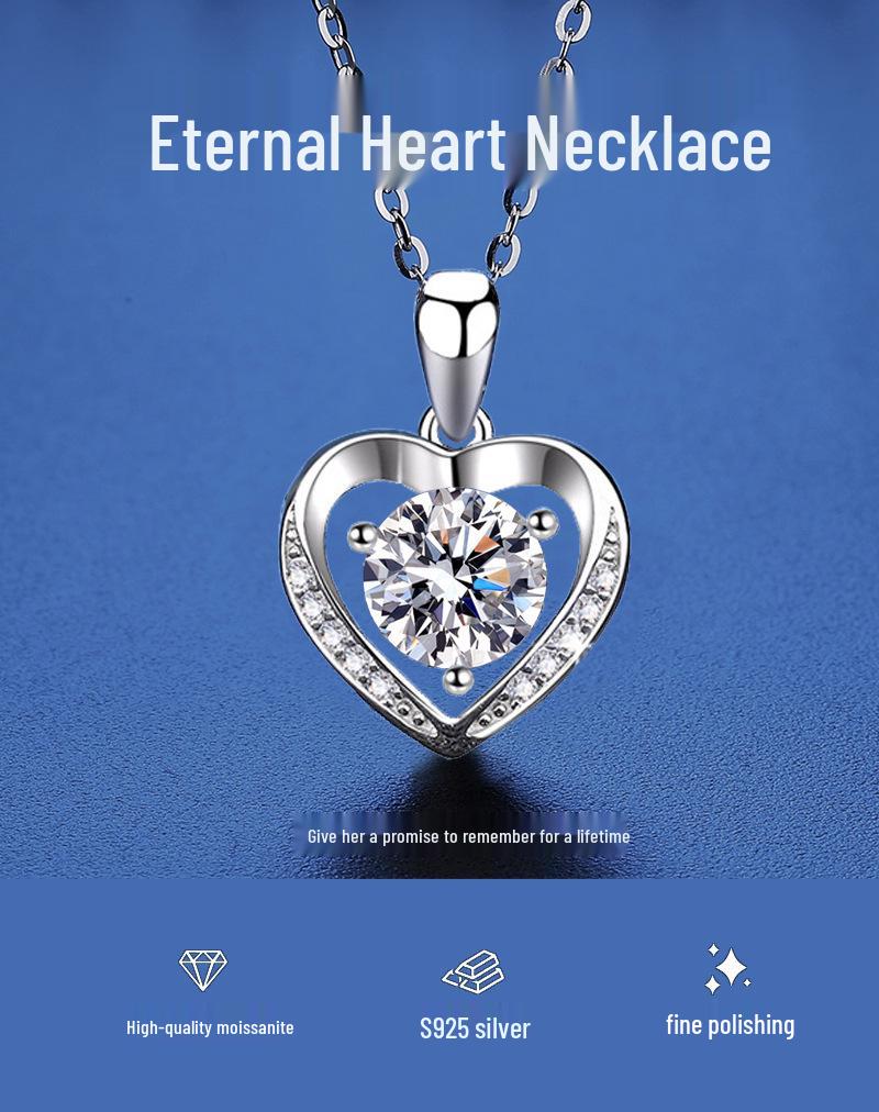S925 Sterling Silver Heart Necklace with Moissanite Pendant - Perfect for Qixi or Valentine's Day