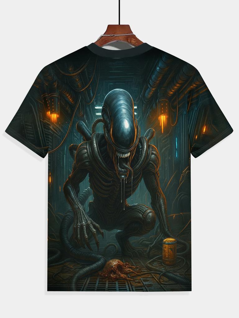 2026 New Men'S 3D Print Short Sleeve T-Shirt, Alien Lifeform Theme Design, Sci-Fi Style Summer Breathable Top, Casual Fashion Outdoor Athletic Wear,