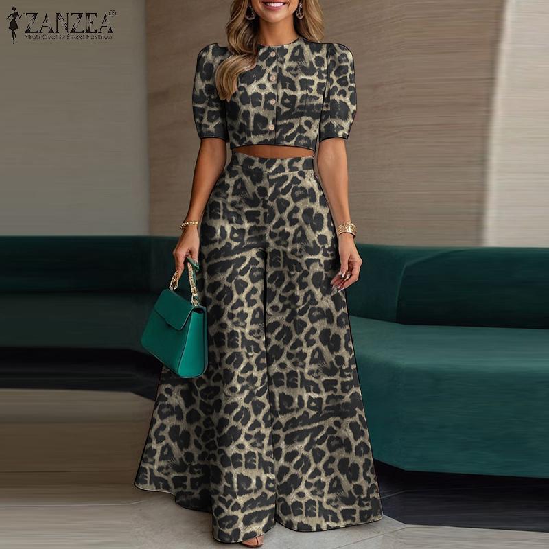 ZANZEA Womens Cropped Tops and Wide Leg Pants Leopard Print Two Piece Suit Sets