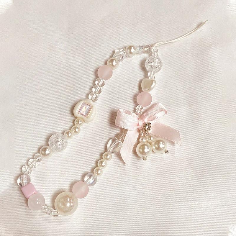 1Pcs Korean Lovely Pink Bowknot White Beaded Phone DYM Charm Lanyard For iPhone Samsung Universal Accessories Jewelry Pendant