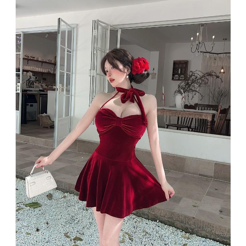 Collar low-cut golden velvet waist hanging neck base dress halter pure desire Christmas burgundy short dress