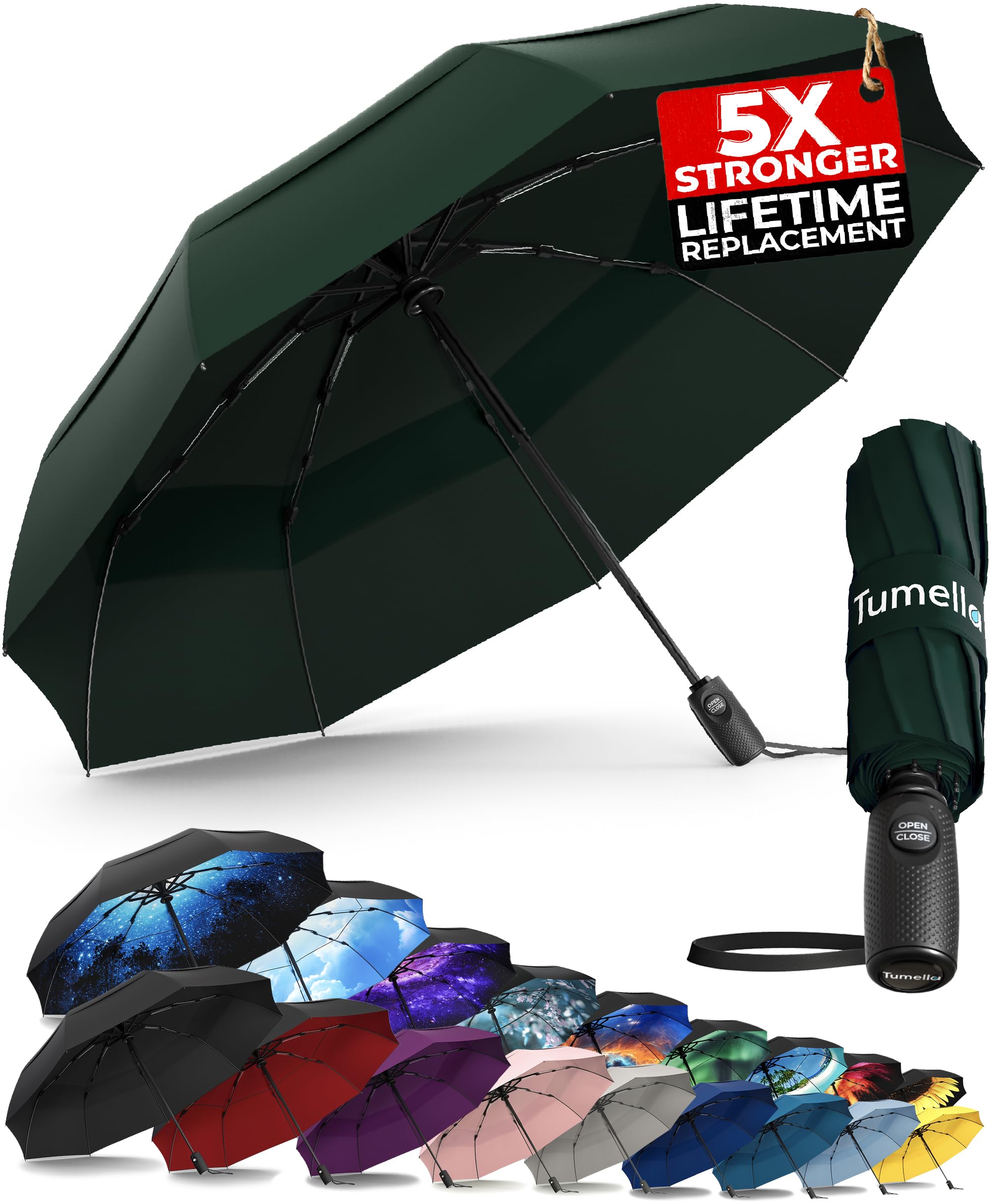 

даже при ветре с пожизненной заменой TUMELLA Самый прочный складной зонт в 5 раз прочнее других UPF Самый высокий уровень УФ Легкое волокно