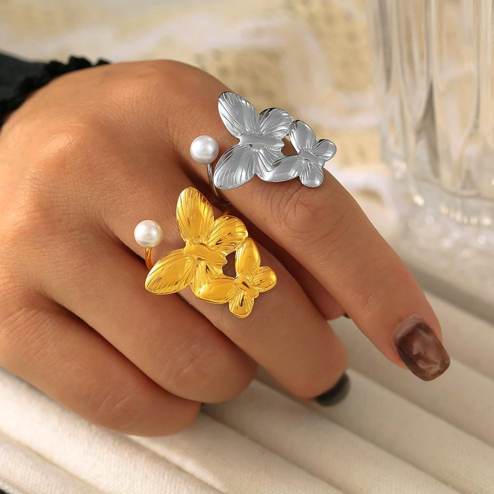 Pearl Flower 18K Gold Adjustable Titanium Steel Ring & Fashion Earrings Set
