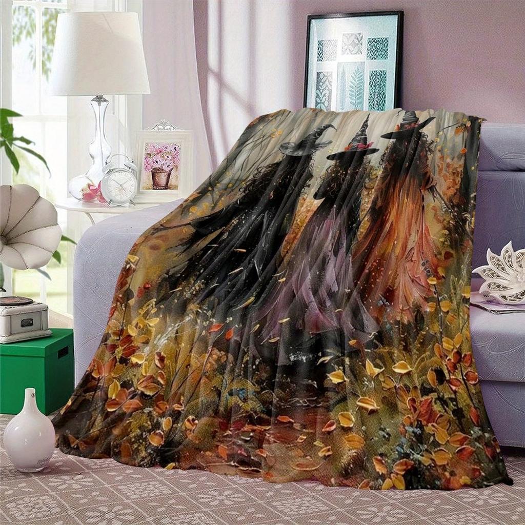 1pc Halloween Blanket Witch Forest Printed Skin-Friendly Blanket Machine washable  New for Home Sofa Halloween Decoration
