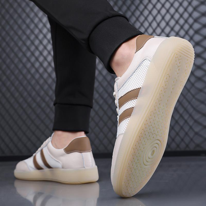 Shoes for Men Genuine Leather Casual Shoes Fashion Striped Breathable Mesh Flat Skateboard Shoes Street Lace-up Sneakers