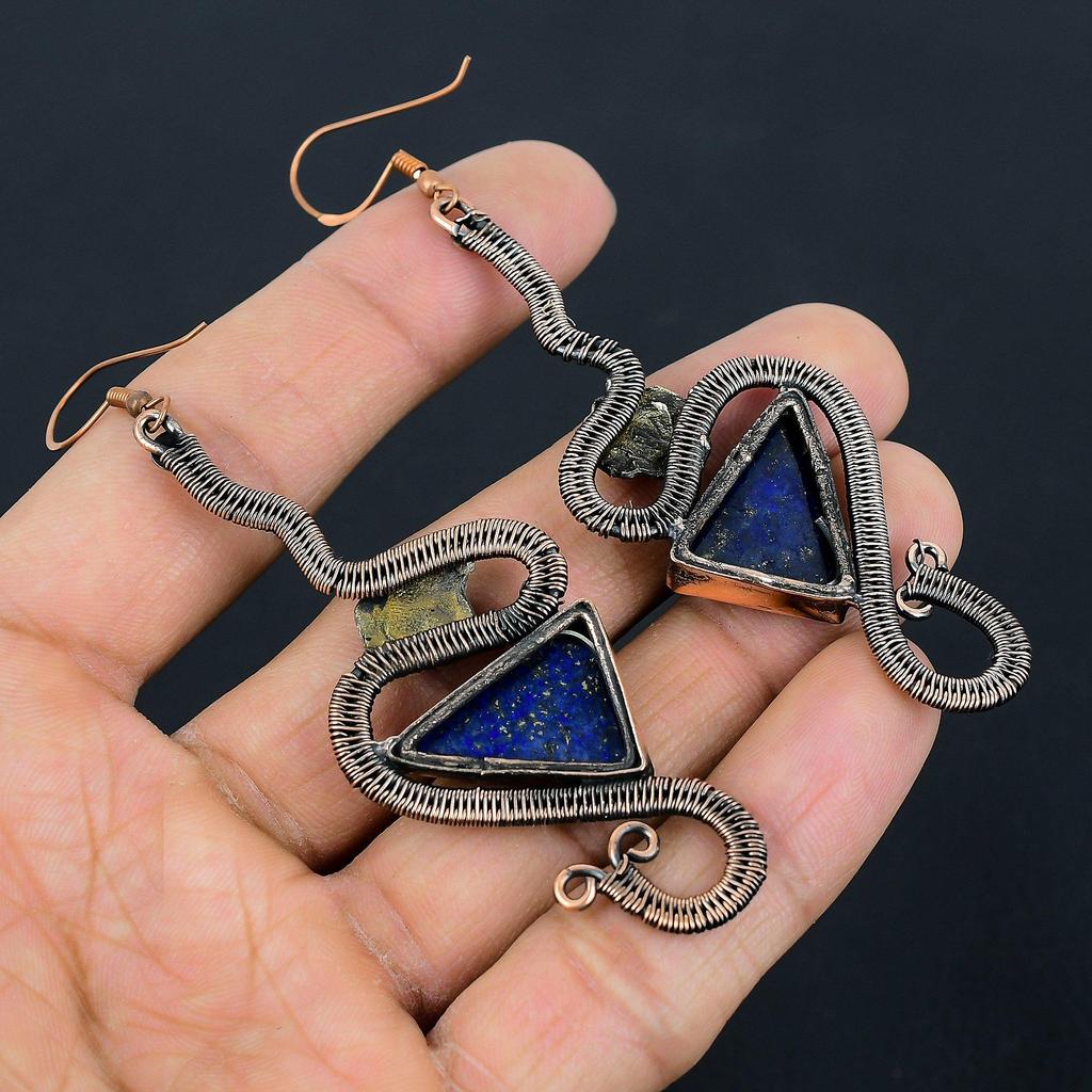 Lapis Lazuli 999 Copper Wire Wrapped Earrings, Handmade Gemstone Earrings Jewelry, Gifts For Wife Brand New Earrings