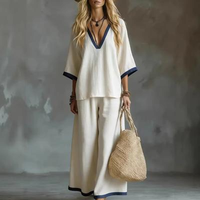 Women's Two Piece Set V Neck Wide Leg Pants with Contrast Trim