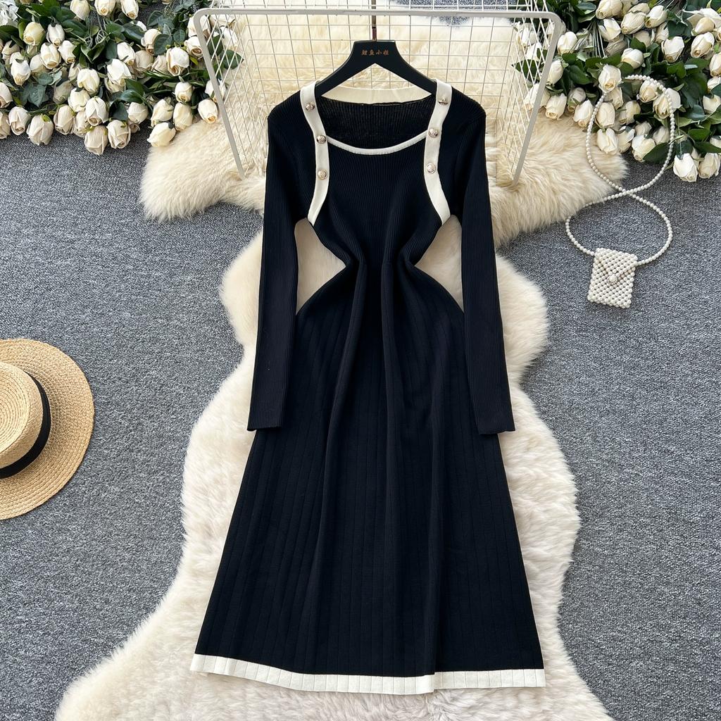 Autumn Winter Women Casual Square Collar Full Sleeve Knitted Sweater Pullover Dresses