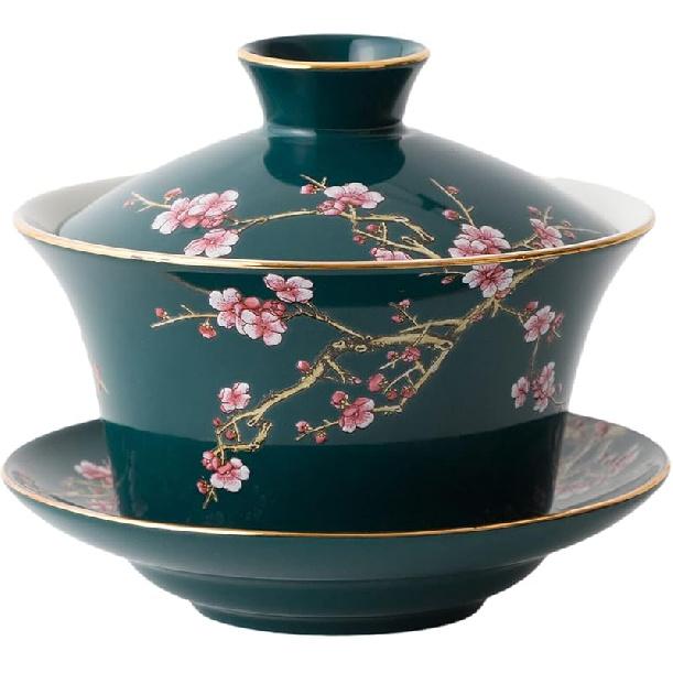 YBK Tech 10oz Large Gaiwan, Porcelain Kung Fu Tea Cup and Saucer with Lid, Chinese Traditional Gaiwan, Sancai Tea Bowl - Embossed Plum Patterns