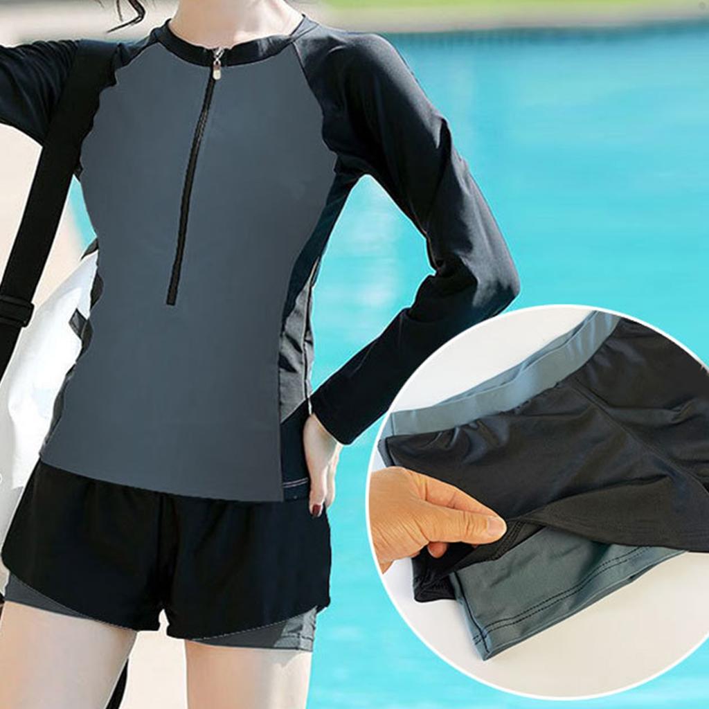 Women Long Sleeve Swimsuit Fashionable Sun Protection Crewneck Quick Dry Two Piece Sports Bathing Suit Women 3802 XXL