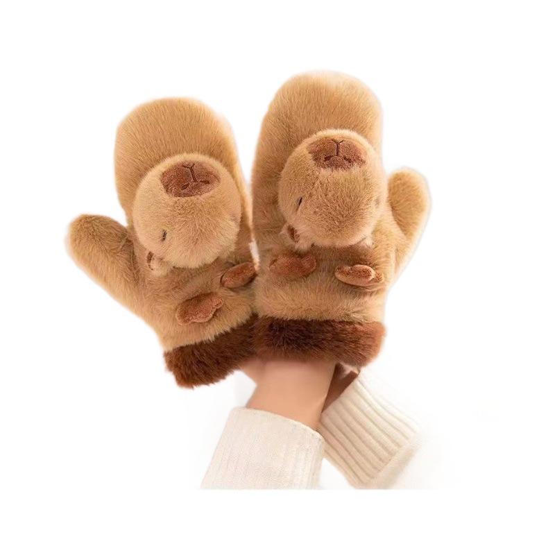 Roztomilé zimní plyšové rukavice s kapybarou a králíkem pro dívky