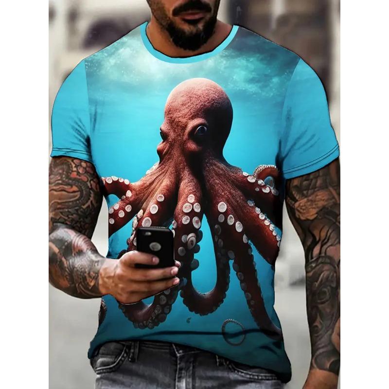Men's 3D Printed Tropical Octopus Pattern T-shirt Trendy Printed Short-sleeved Breathable Polyester Round Neck Casual Style