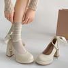 Butterfly-knot Thick Heel Women Mary Jane Shoes Fashion Pearl Ankle Strap Shoes Ladies Outdoor Dress Pumps