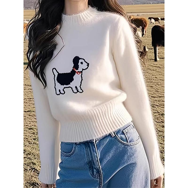 

Pullover Fashion Cartoon White Puppy Knitted Thickened Sweater Women Korean Top S білий