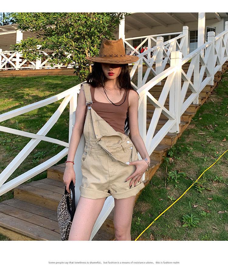 Women's High-Waist Denim Overall Shorts - Casual American Style, Loose Fit, Cuffed Wide Leg Jumpsuit
