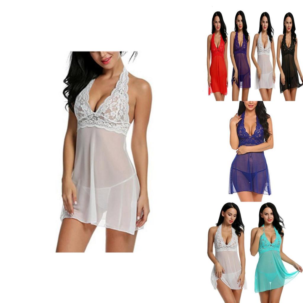 Enchanting Women Sexy Lingerie Dress Baby Doll Halter Lace Patchwork Sleepwear Nightwear