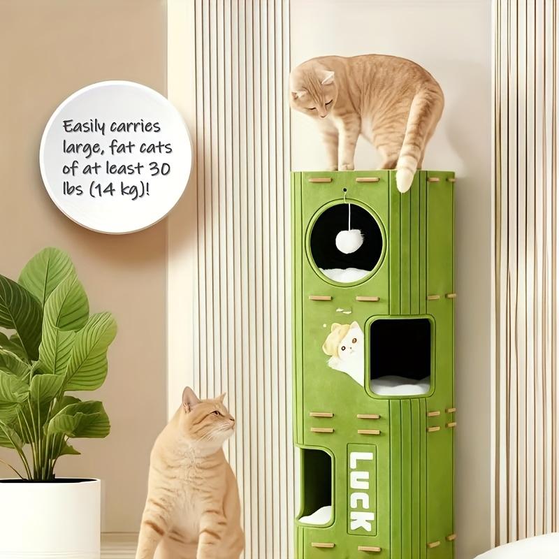 Space-saving Detachable Cat Bed with Scratching Posts and Hanging Toys, Easy-to-clean Indoor Cat Pet Furniture, Interactive Play and Rest Area.
