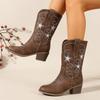 Womens Western Embroidered Boots Round Toe Chunky Mid Heel Mid-Calf Pull-On All-Match Casual