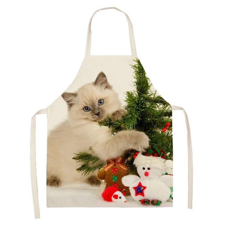 Simple Red Hat Cat and Dog Pattern Women's Kitchen Apron Linen Clean New Year 2022 New Apron